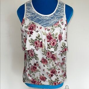 No Comment Pink and White Lace Ruffled Sleeveless Tank Top